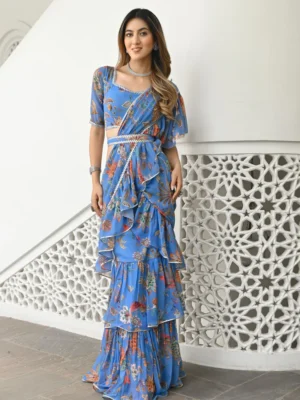 Sky Blue Printed Ruffle Saree