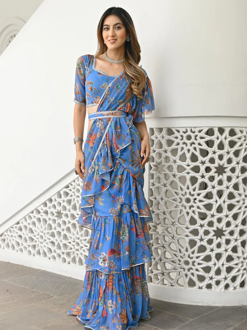 Sky Blue Printed Ruffle Saree Pink
