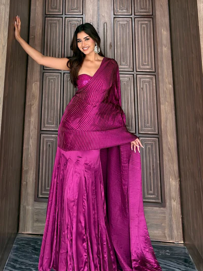 Pink Pleated Saree Purple