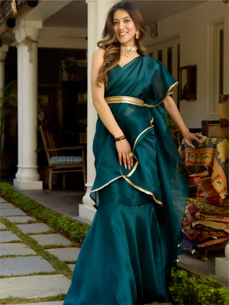 Green Organza Stitched Saree - Image 6