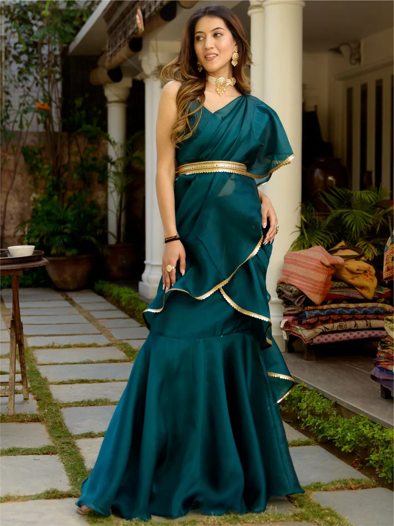 Green Organza Stitched Saree - Image 3