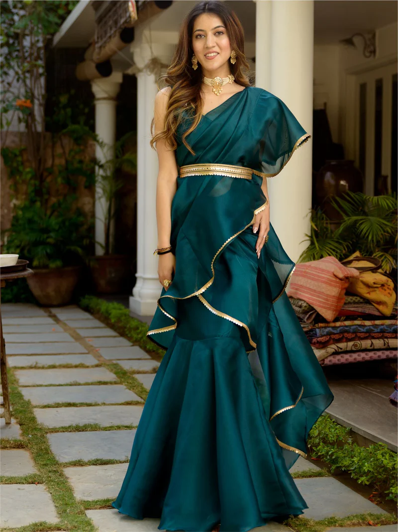 Green Organza Stitched Saree - Image 4
