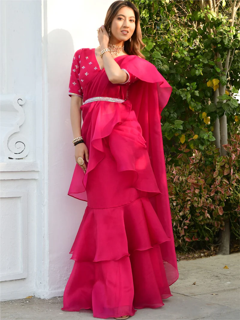 Pink Organza Ruffle Saree - Image 2