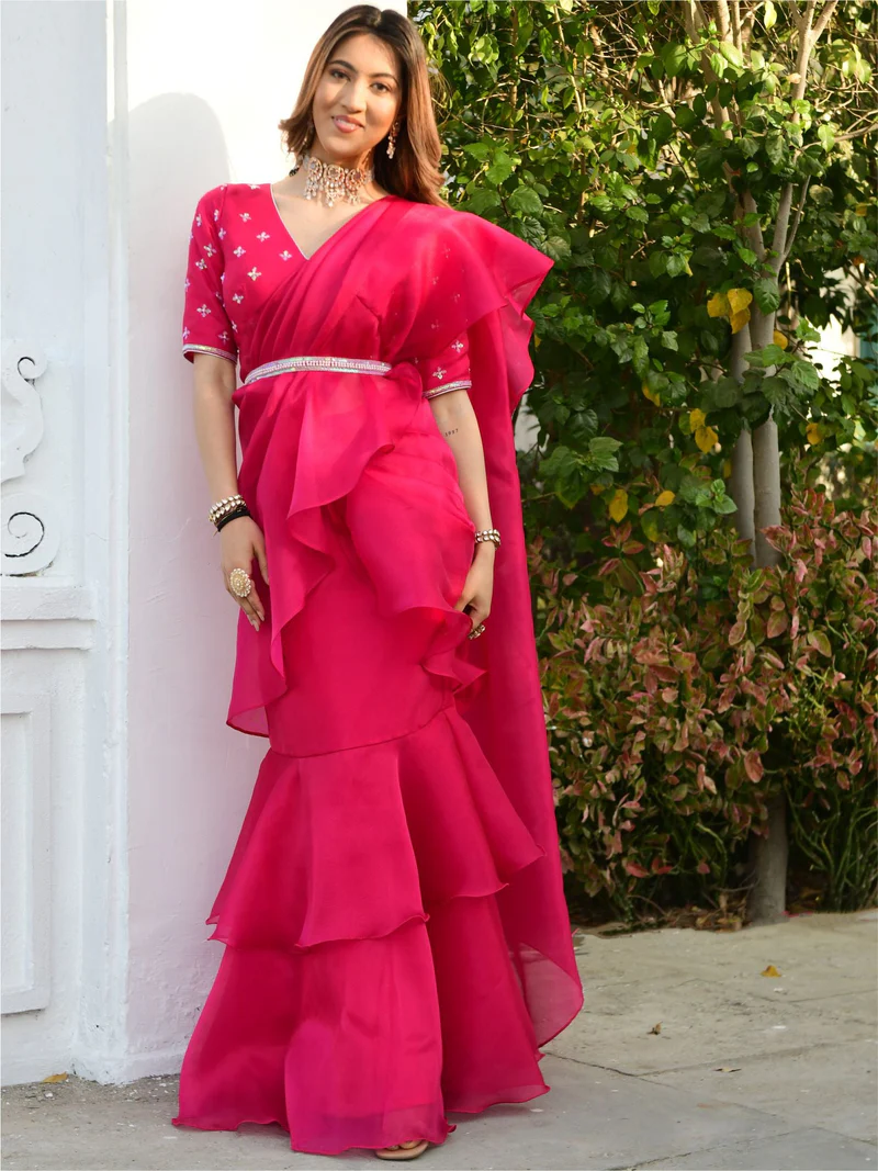 Pink Organza Ruffle Saree - Image 3
